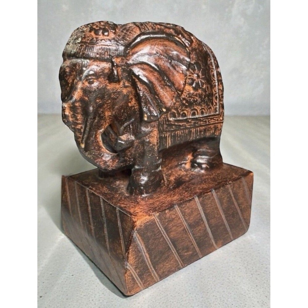 Vintage Elephant Figurine Heavy Resin Copper Bronze Look Tribal Decor 4.5”